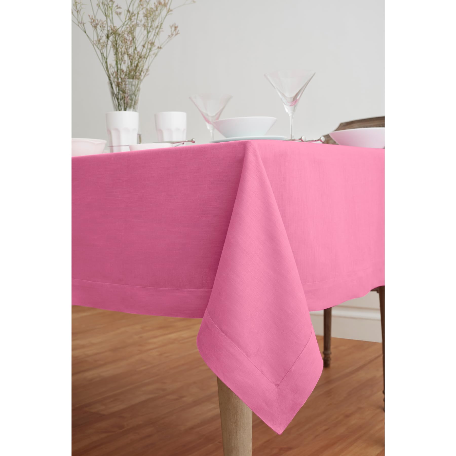 Solino Home Flamingo Pink Linen Tablecloth 90'' L X 60'' W Inch - Fete, 100% Pure Linen Table Cloth For Rectangle Tables - Machi