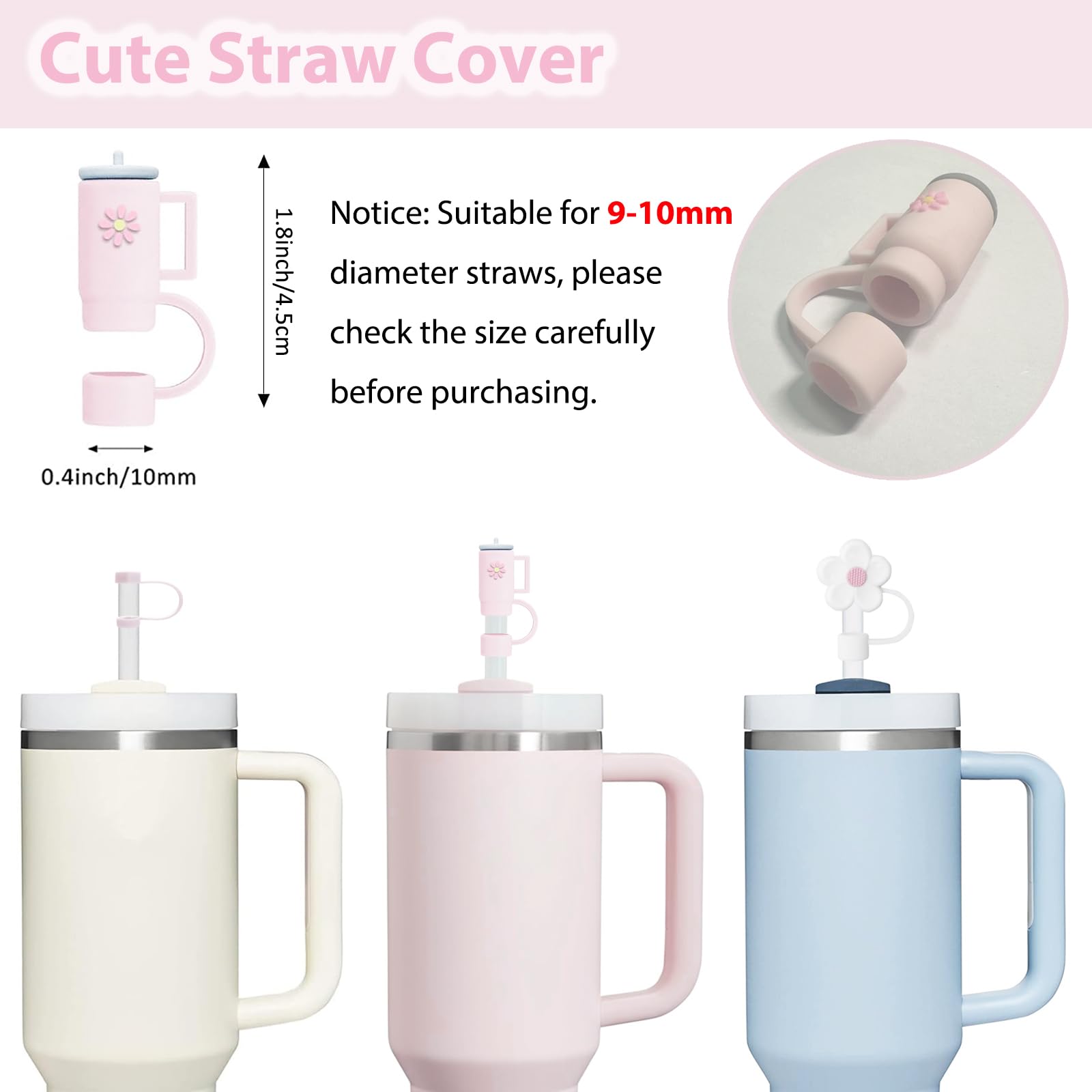 BonneChance Stanley Cup Accessories Set - 6 Silicone Stoppers & 2 Straw Covers, 40oz & 30oz, Rose Quartz, Model HYB-123