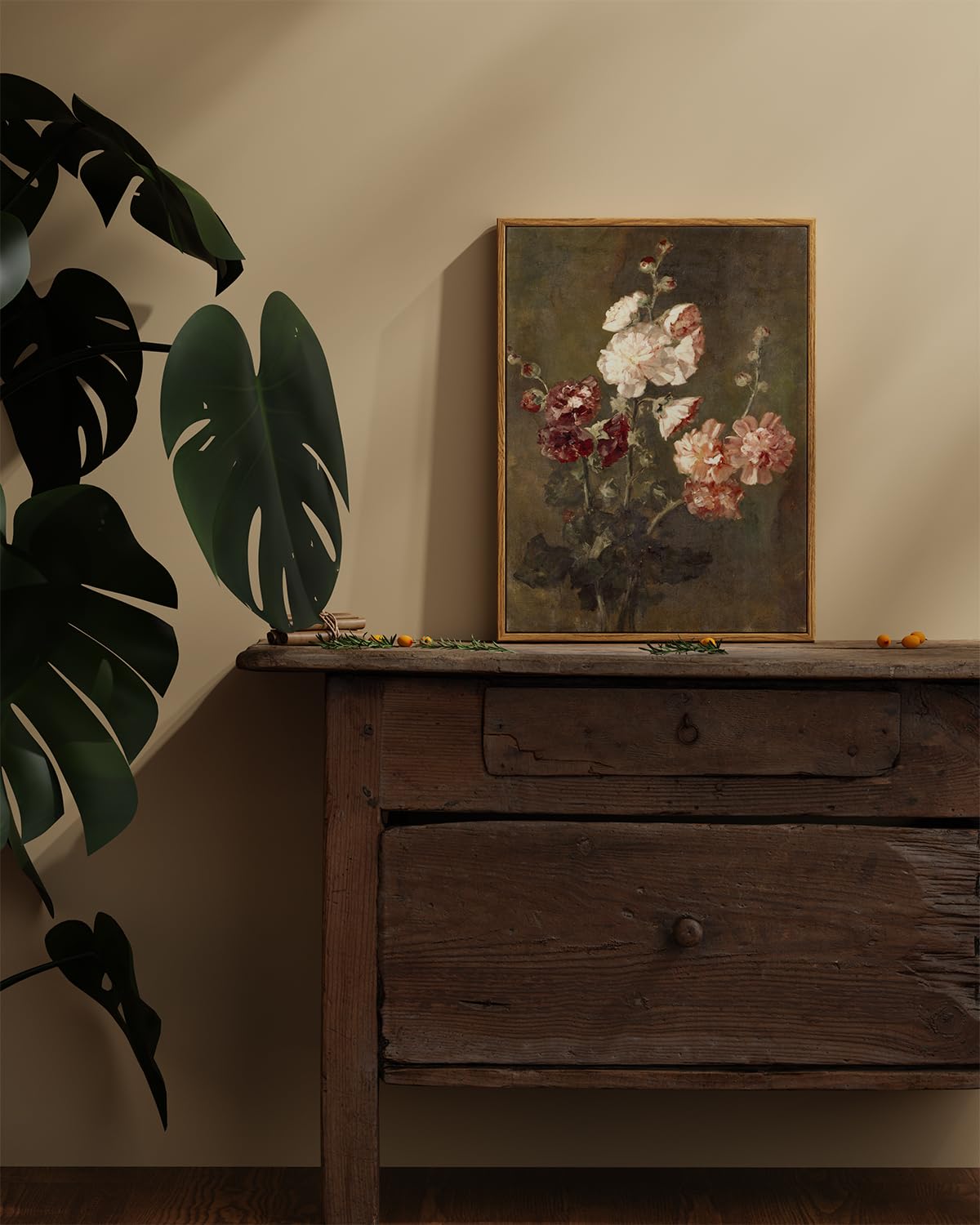 Arpeotcy Vintage Framed Hollyhocks Wall Art, Bedroom Bathroom Dark Floral Art Farmhouse Wall Decor, Canvas Prints, Rustic Kitche