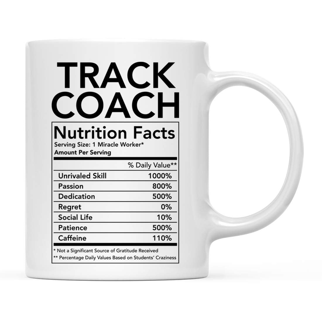 Andaz Press Funny 11Oz. Ceramic Coffee Tea Mug Thank You Gift, Track Coach Nutritional Facts, 1-Pack, Novelty Gag Birthday Chris
