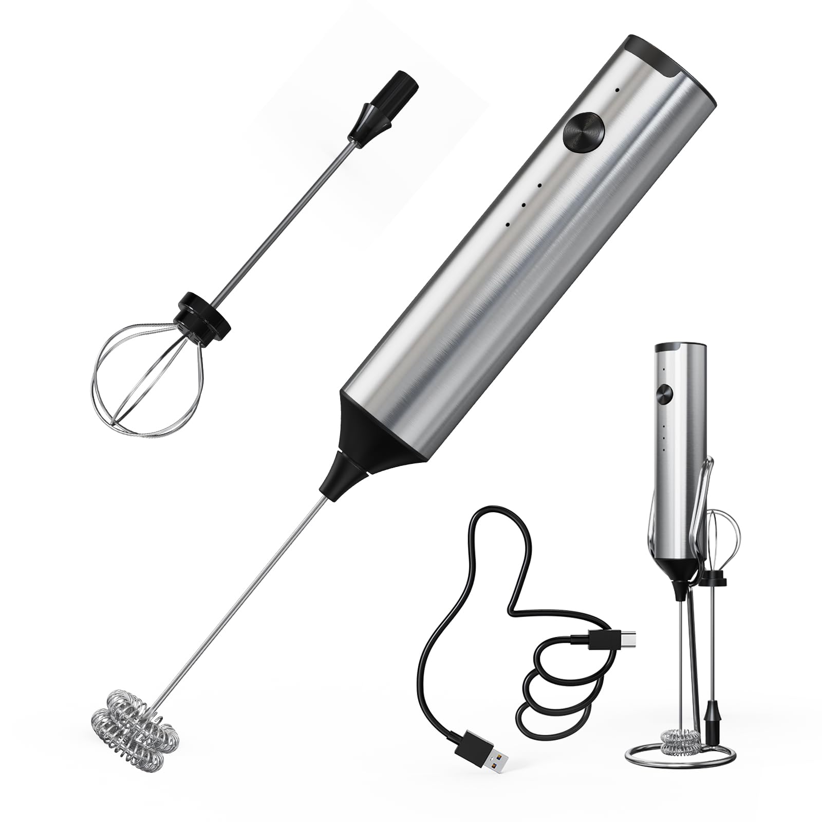 Circle Joy Powerful Milk Frother Handheld With 3-Speed, Coffee Frother Wand Rechargeable Mini Drink Mixer With 2 Stainless Steel