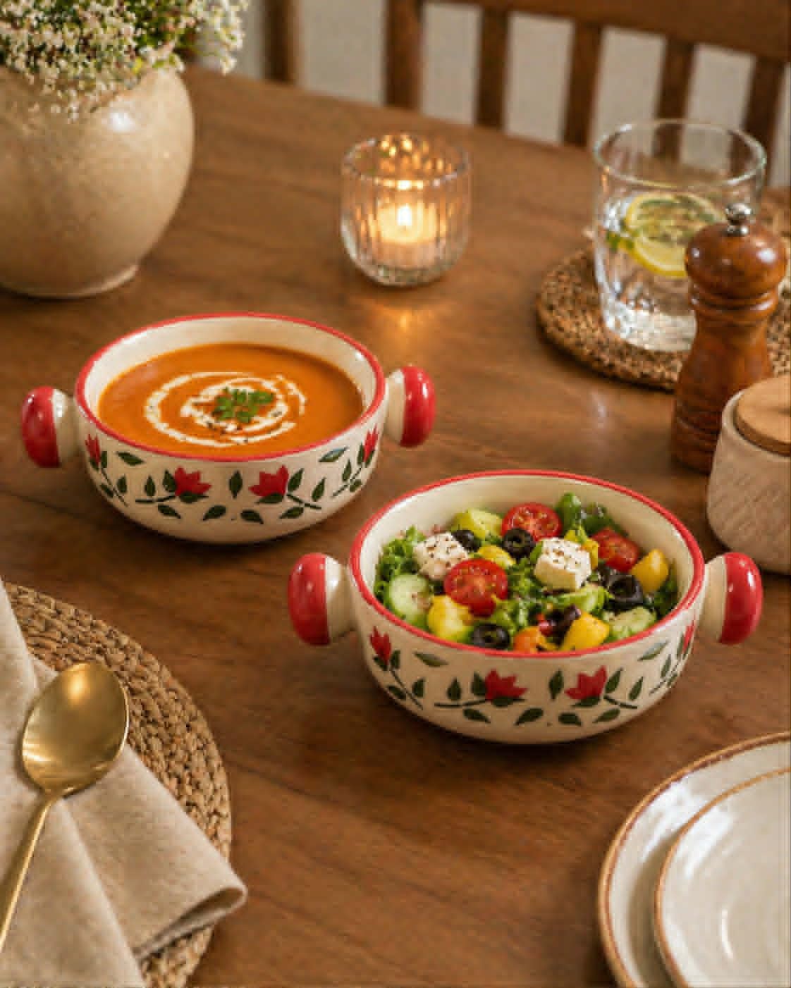 Lupaava Handmade Ceramic Bowl Set Of 2 | Printed Serving Bowls For Soup, Snacks, Dessert & Cereal | Microwave & Dishwasher Safe 