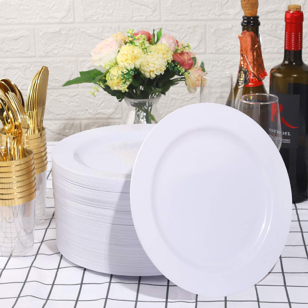 Bucla 100Pcs White Plastic Plates-10.25Inch Disposable Dinner Plates-Premium Party&Wedding Plates