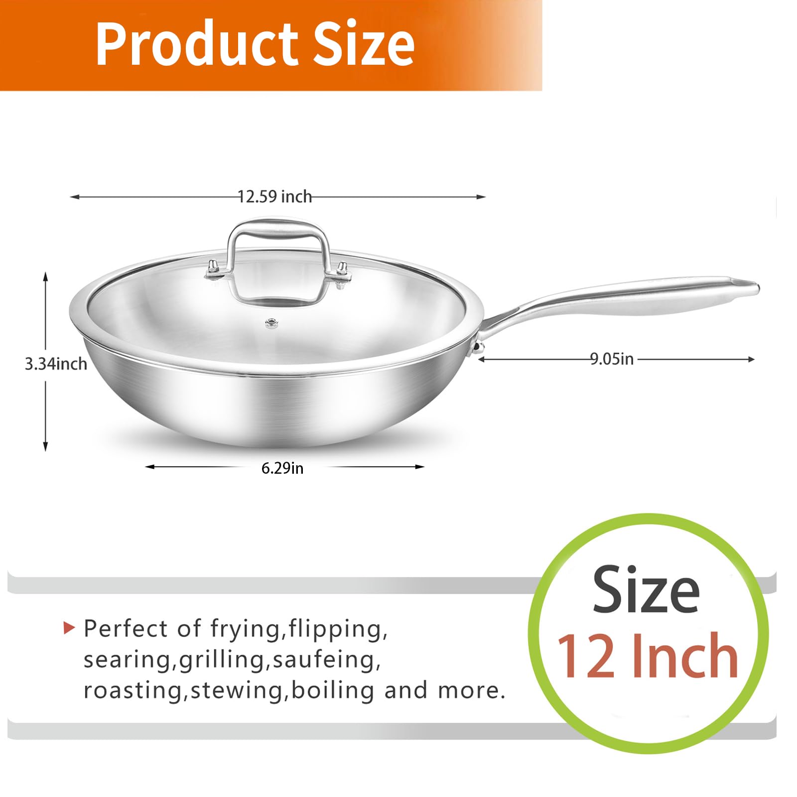 Delarlo Tri-Ply Stainless Steel Wok, 12.5 Inch Induction Wok, Flat Bottom Wok With Lid, Wok For Induction Cooktop, Wide And Deep