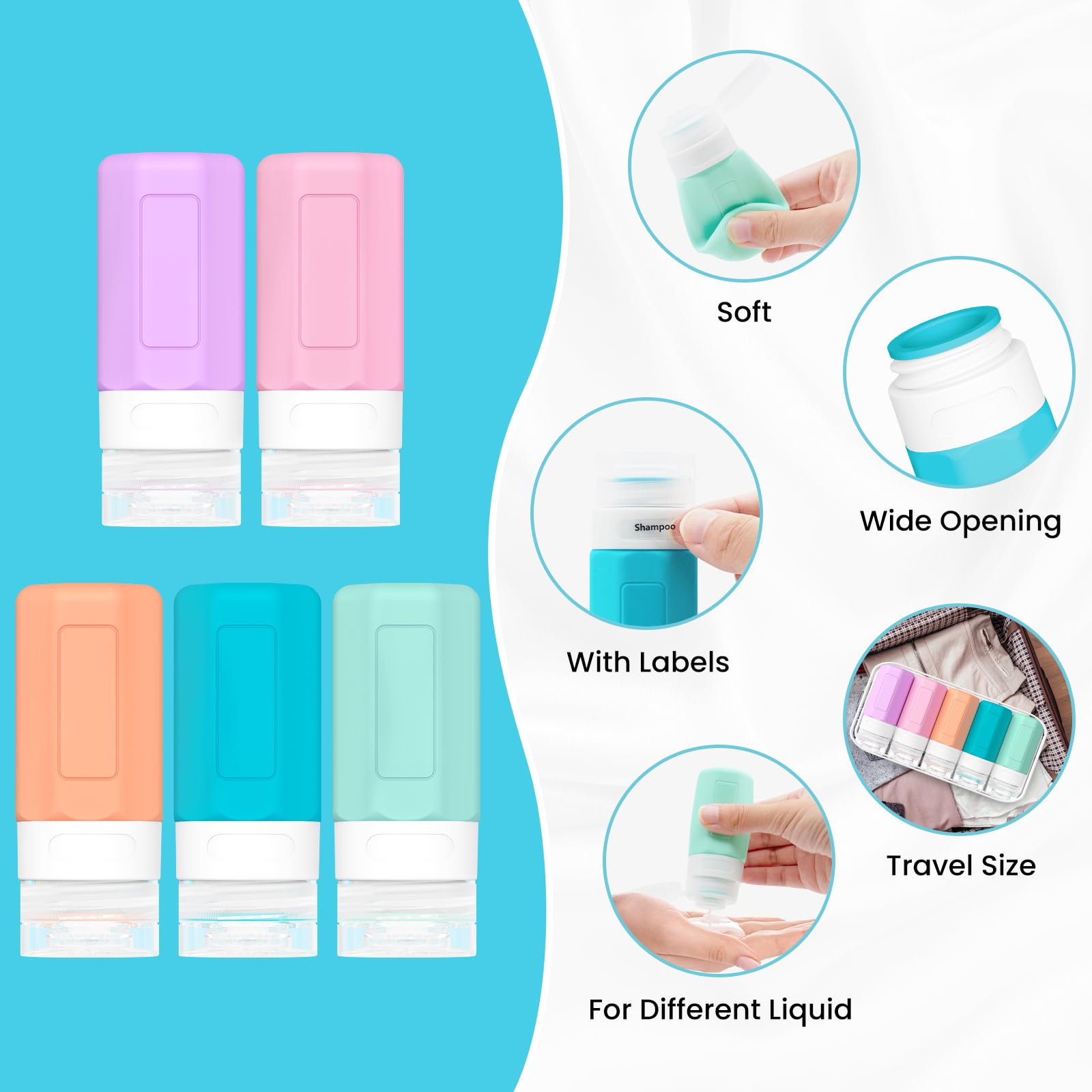 Ruinovate Travel Bottles For Toiletries, 2Oz Size Tsa Travel Containers For Toiletries Leak Proof Refillable Squeezable Silicone