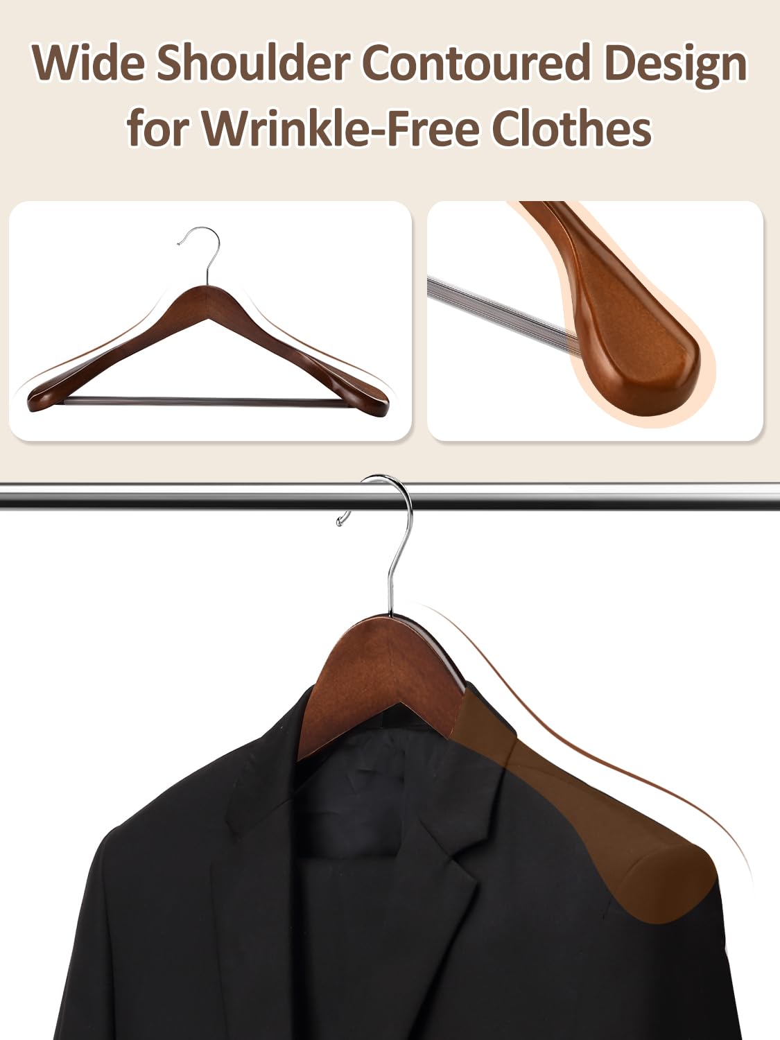 Amkufo Wide Shoulder Wooden Hangers 8 Pack Coat Hangers With Non Slip Pants Bar, Heavy Duty Suit Hangers Wood Clothes Hangers Wi