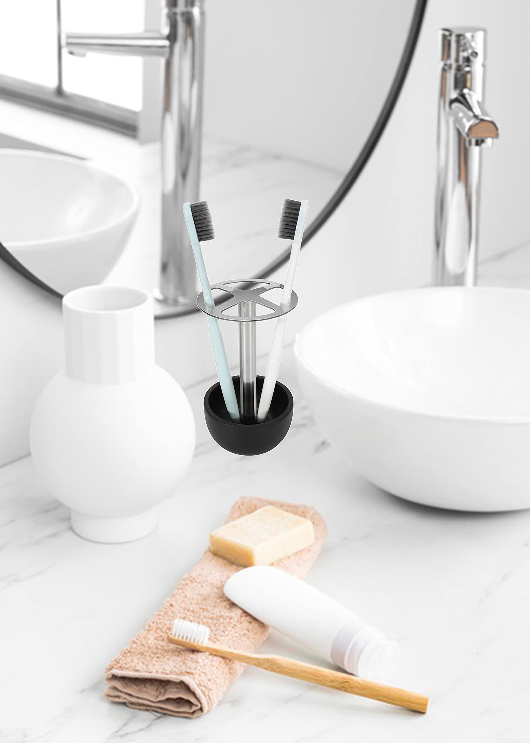 Cozycabin Toothbrush Holder Stand, For Razor, Bathroom Vanity Countertop, Stainless Steel Toothbrush Bathroom Organizer (Black)