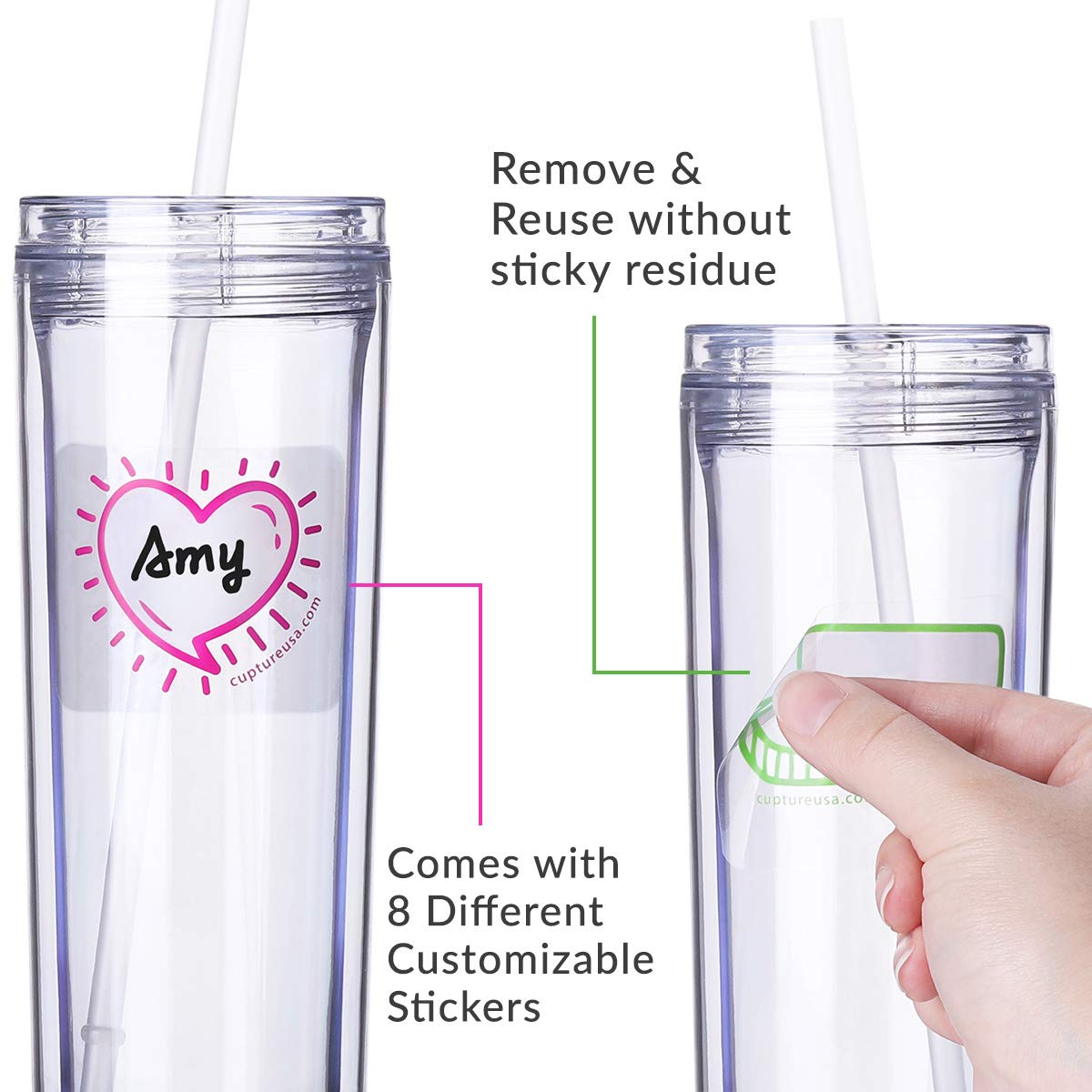 Cupture Skinny Acrylic Tumbler Cups With Straws - 18 Oz, 8 Pack (Clear)