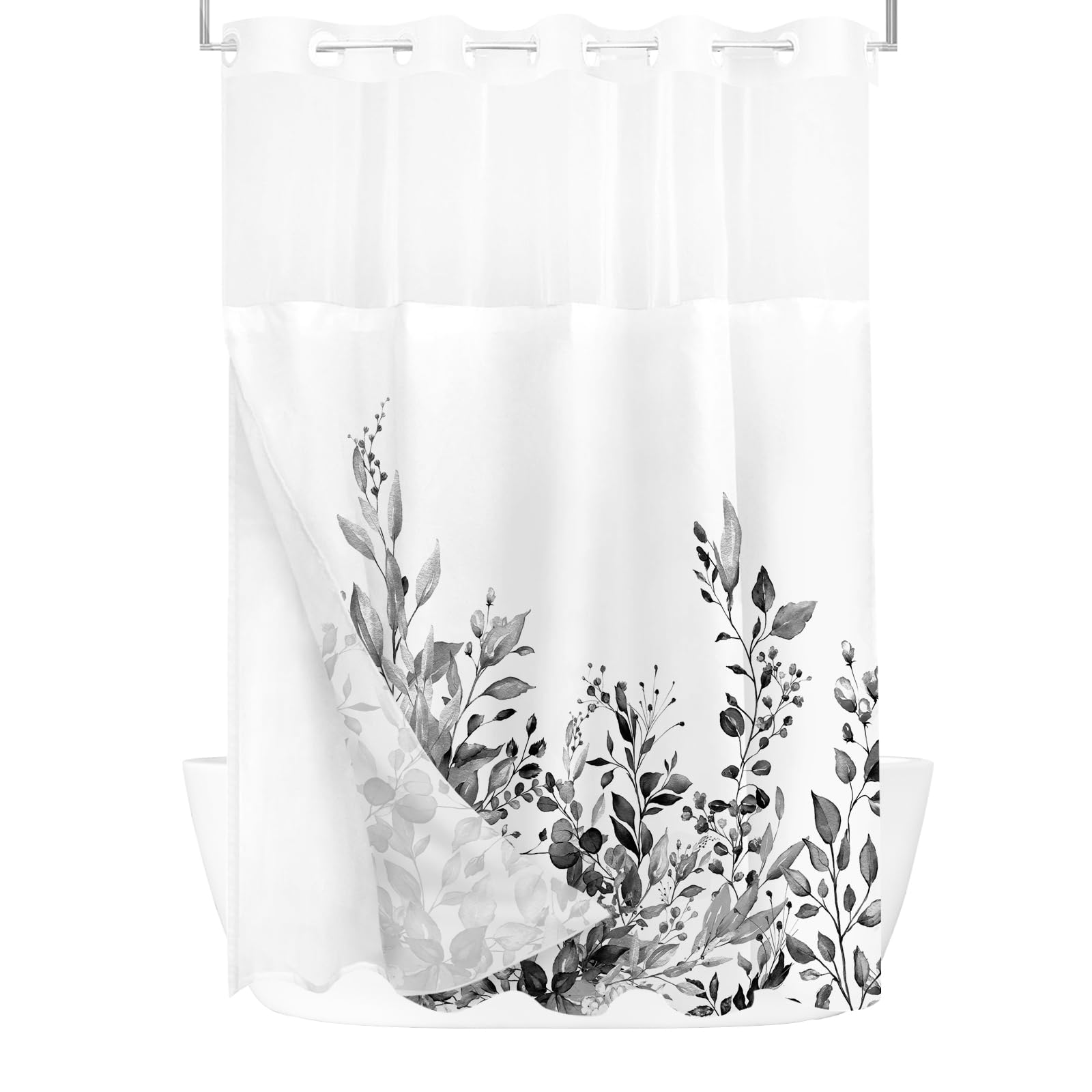 Tititex No Hooks Snap In Liner Black Eucalyptus Leaves Shower Curtain Sets, Hotel Luxury Double Layers Waterproof Fabric & See-T