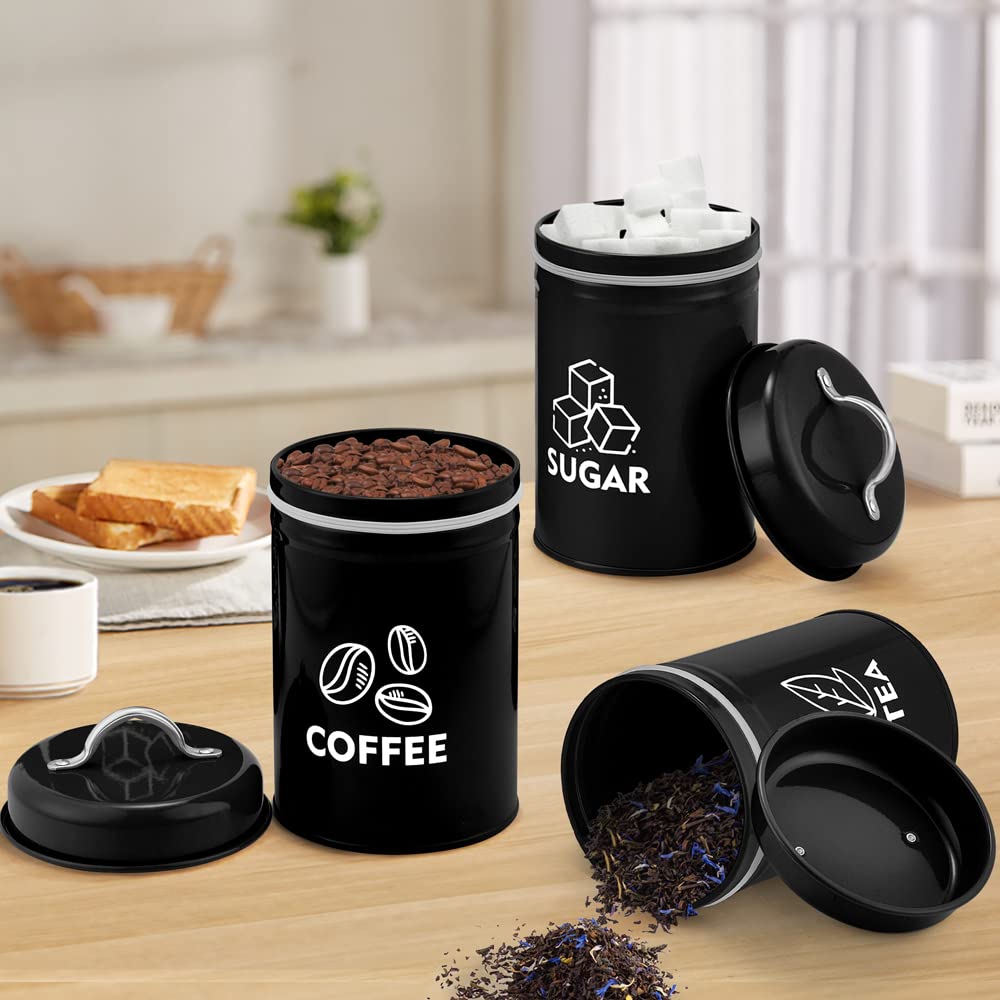 P&P Chef Black Canisters Set Of 3, Metal Kitchen Canister With Lid Set For Sugar Tea Coffee, Food Storage, Vintage Farmhouse Con
