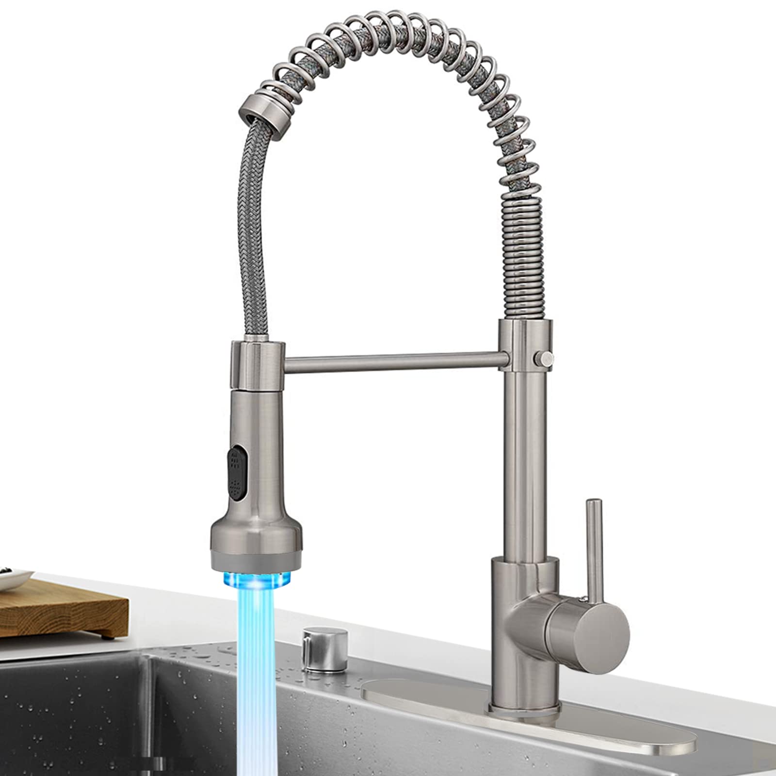 Hoimpro Brushed Nickel Single Handle Kitchen Faucet with Pull Down Sprayer, 2-Function, 360-degree Rotation, Brass, Single or 3 