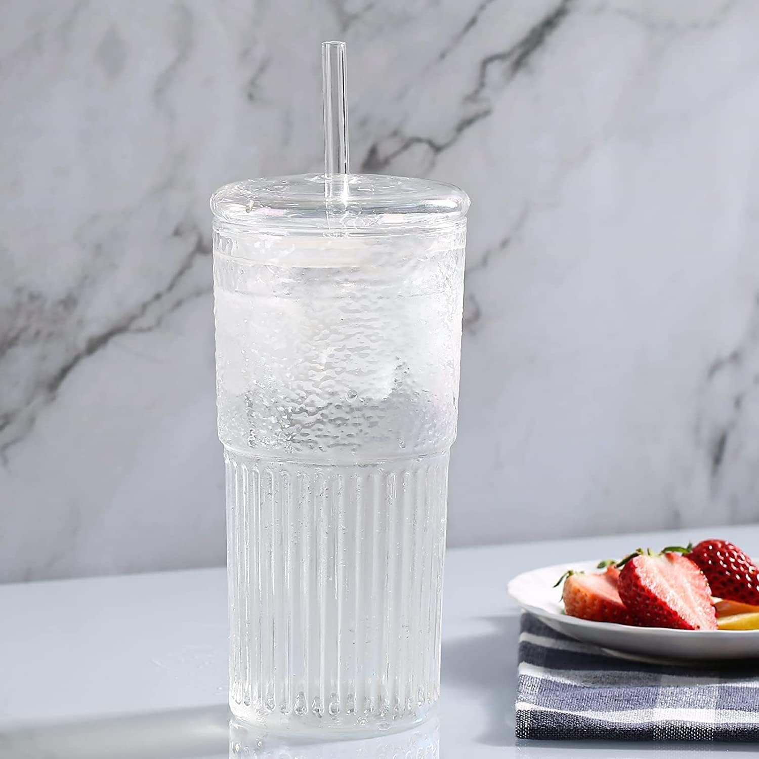 Qwezxo Glass Cups With Lids And Glass Straws