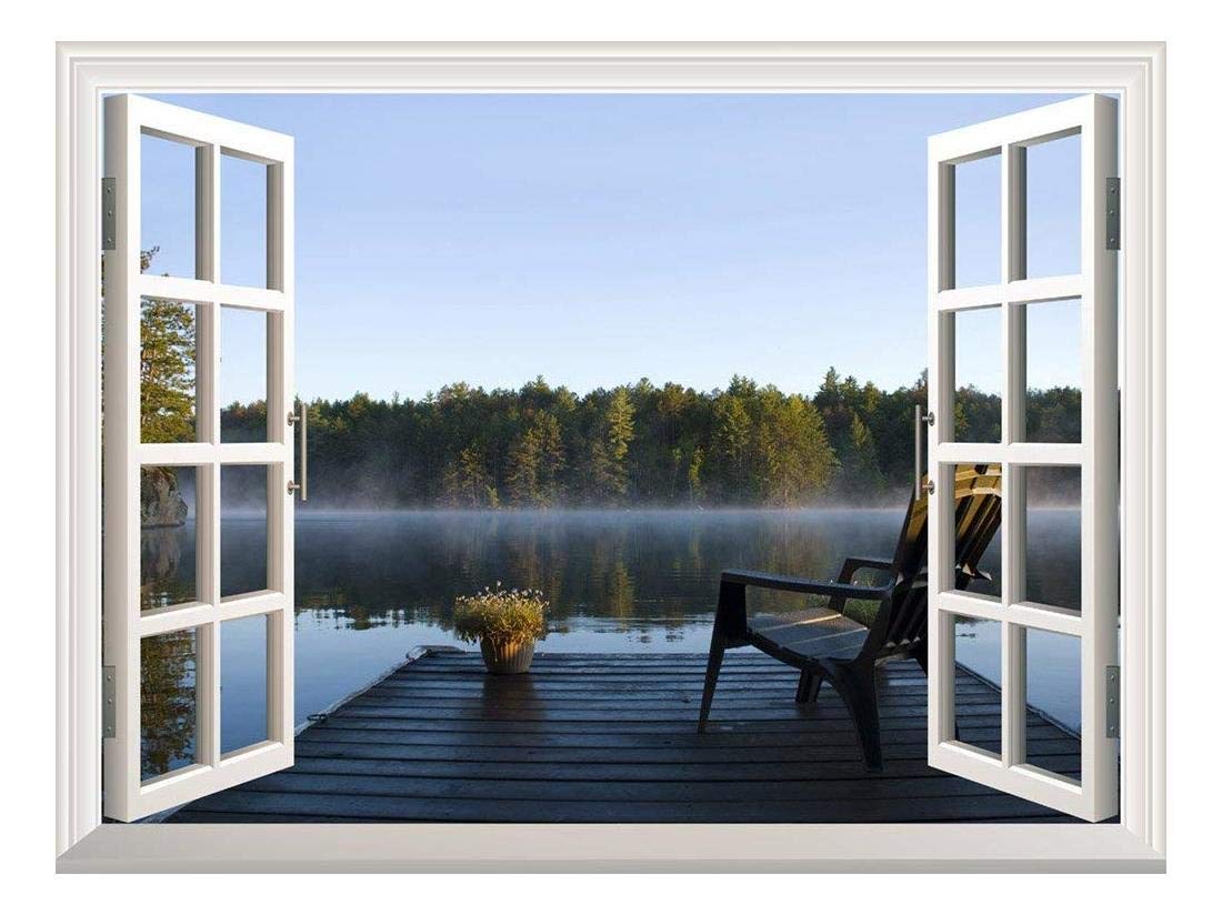 Wall26 Removable Wall Sticker Wall Mural - Peaceful Lake View With A Chair On A Wooden Pier Creative Window View Wall Decor - 24