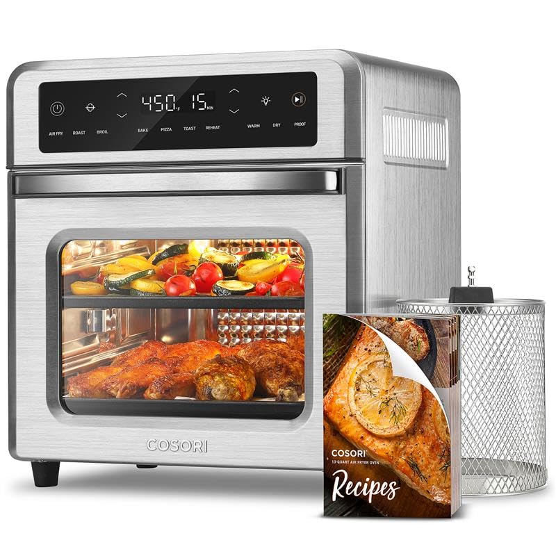 COSORI Air Fryer Oven 13 Qt Airfryer Toaster Oven 11-in-1 Functions with Rotisserie Dehydrate Dual Heating Elements with Convection Fan for Fast Cooking Cookbook & 6 Accessories Silver Stainless Steel
