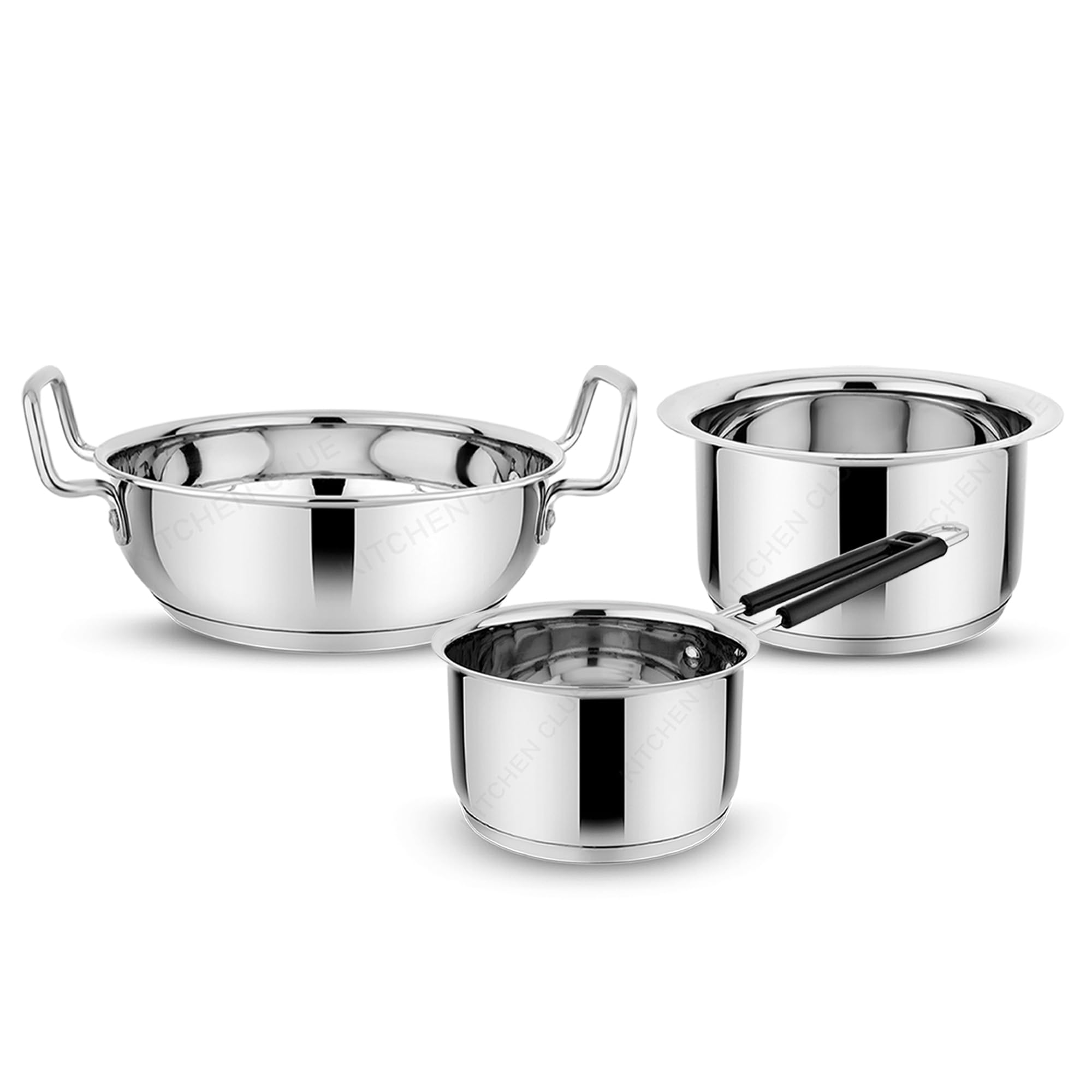 Kitchen Clue Stainless Steel Induction Friendly Cookware Set For Kitchen (Tope 2000Ml, Saucepan 1600Ml, Kadhai 2000Ml) Heavy Gua