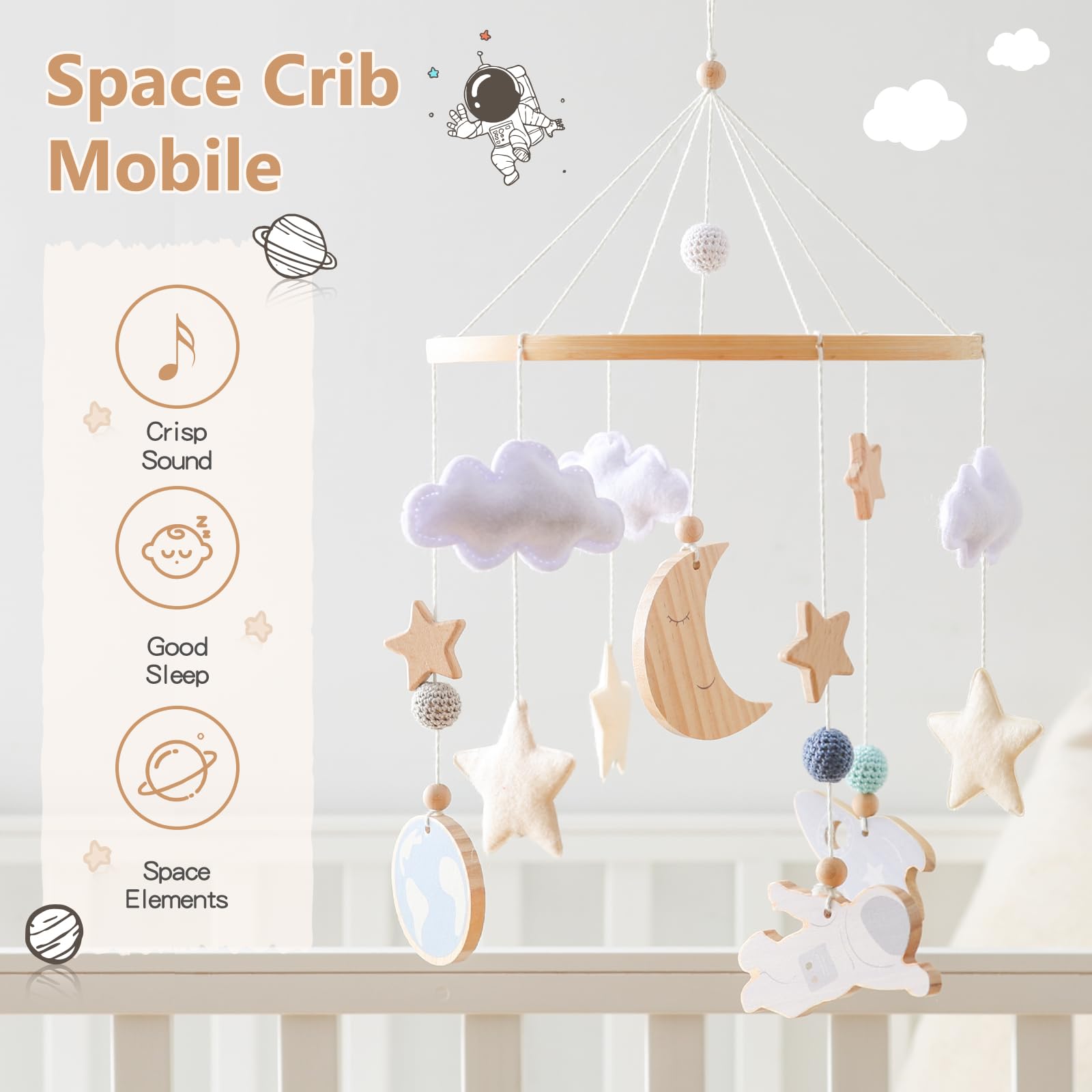 JETMHH Baby Crib Mobile | Space Theme Nursery Mobile | Wooden Mobile for Crib | Astronaut Space Theme Nursery Bed Decoration | G
