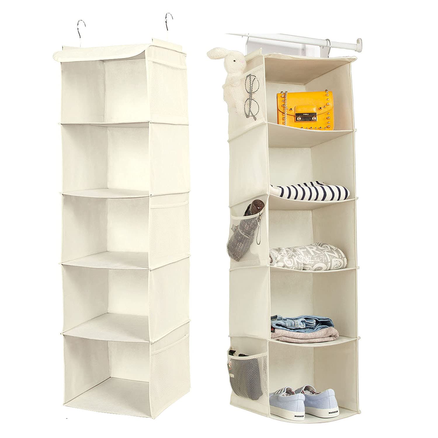 BrilliantJo 5 Shelves Hanging Closet Organizer  2 Pack Hanging Storage with 6 Side Pockets for Clothes Shoes  42.5''x11.8''x11.8''(Beige)