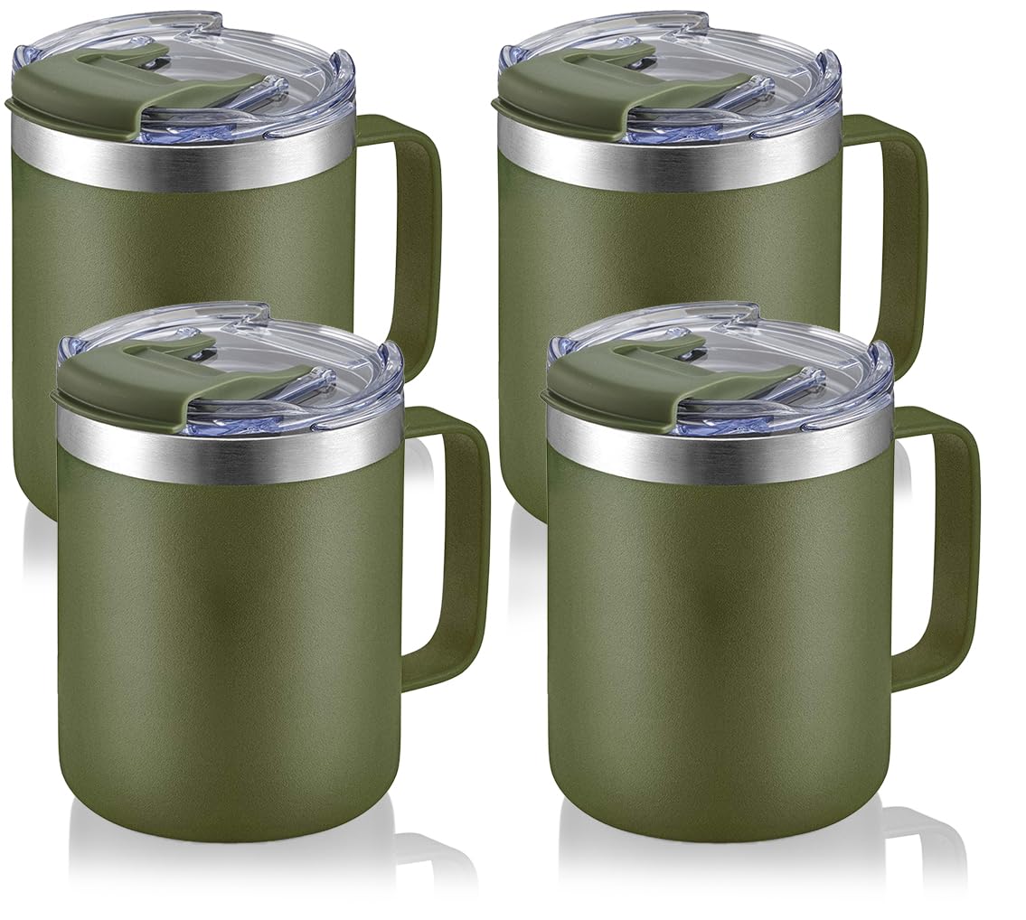 Aloufea 12Oz Stainless Steel Insulated Coffee Mug With Handle, Double Wall Vacuum Tumbler Cup With Fliping Lid, Army Green, 4 Pa