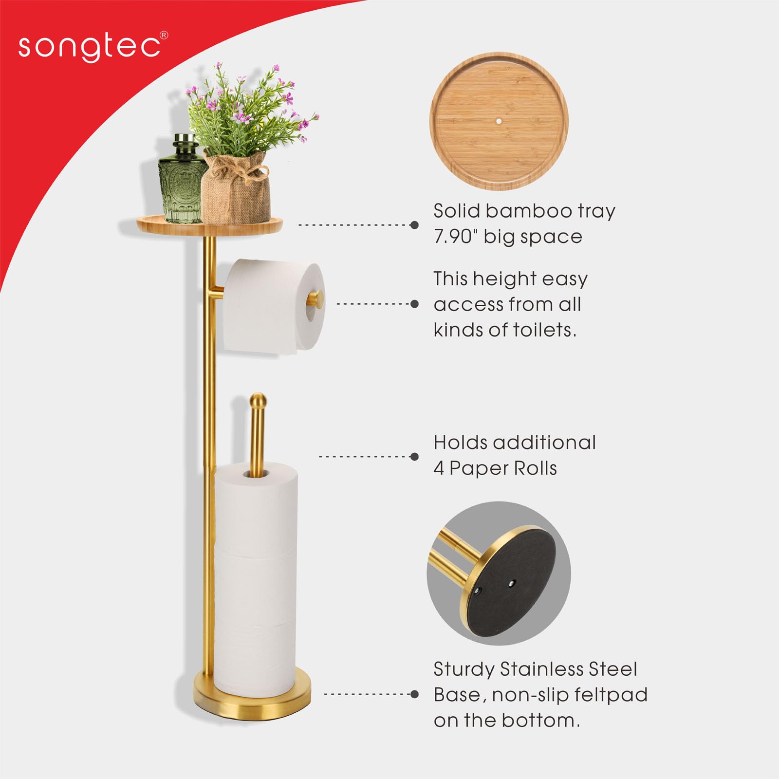 Toilet Paper Holder Stand With 7.9'' Big Bamboo Tray, Gold Floor Standing Paper Holder Storage Stand With Phone Shelf, Reserve F