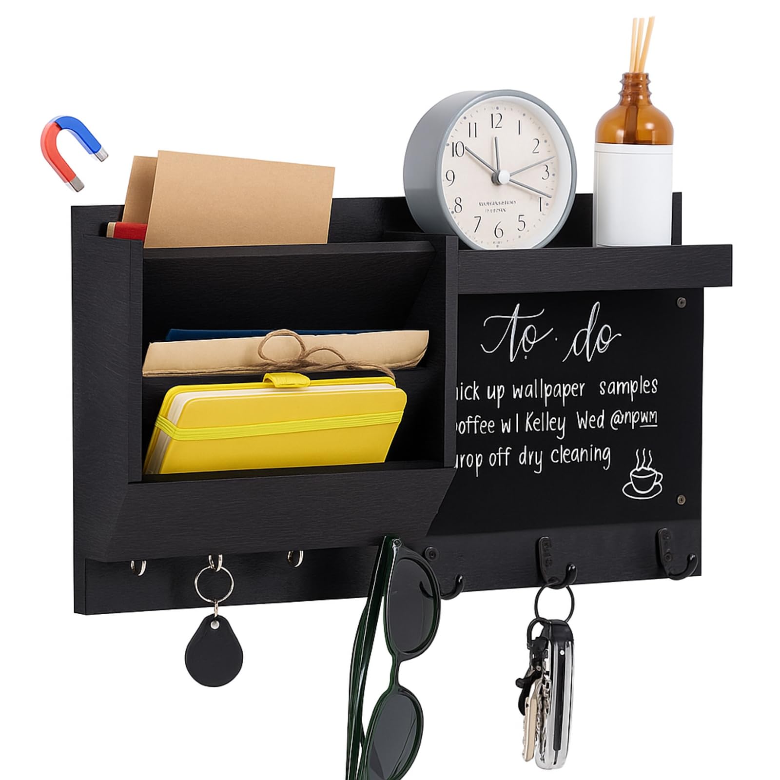 Colingmill Magnetic Key and Mail Organizer with Magnetic Shelf for Fridge Wall Wooden Mail Holder with 7 Key Hooks for Home Bedr