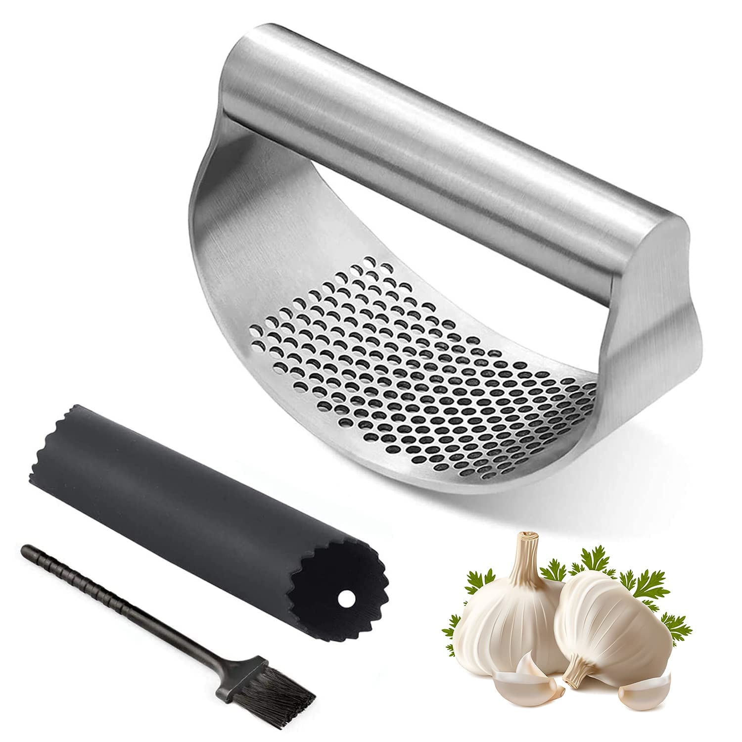 Stainless Steel Garlic Press Rocker - Garlic Mincer Tool Handheld Garlic Crusher Ginger Cutter Garlic Press Cutter - Silicone Ga