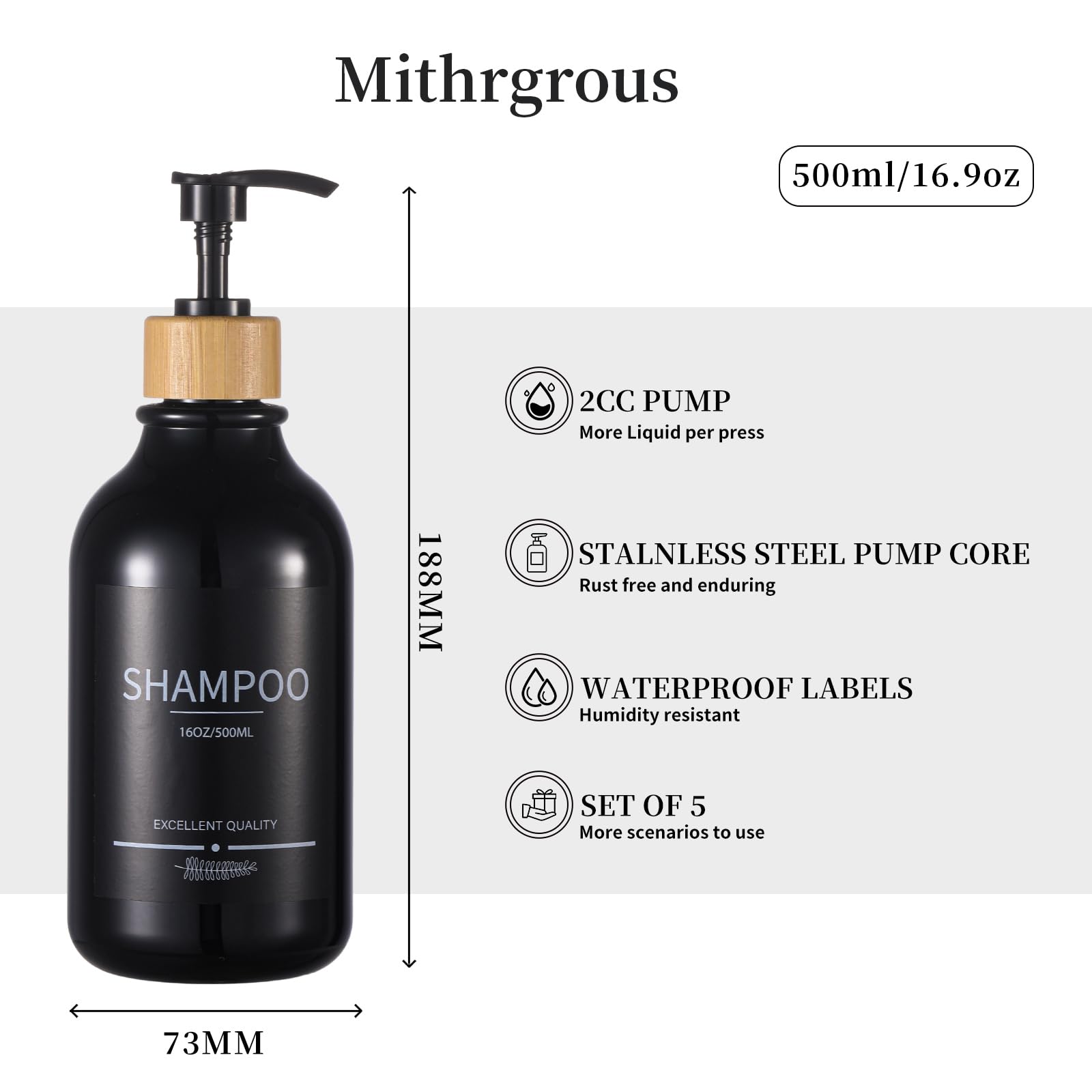 Mithrgrous Shampoo And Conditioner Dispenser Bottles,5Pack Shampoo Bottles Refillable,16.9Oz Refillable Shampoo And Conditioner