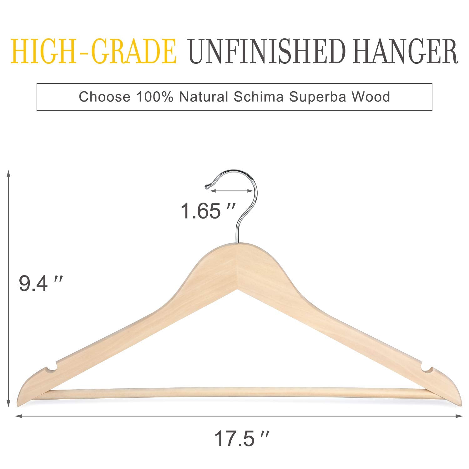 Topia Hanger Natural Unfinished Wooden Hangers With 360Strong Swivel Hook And Smoothly Cut Shoulder Notches, 18-Pack Solid Wood