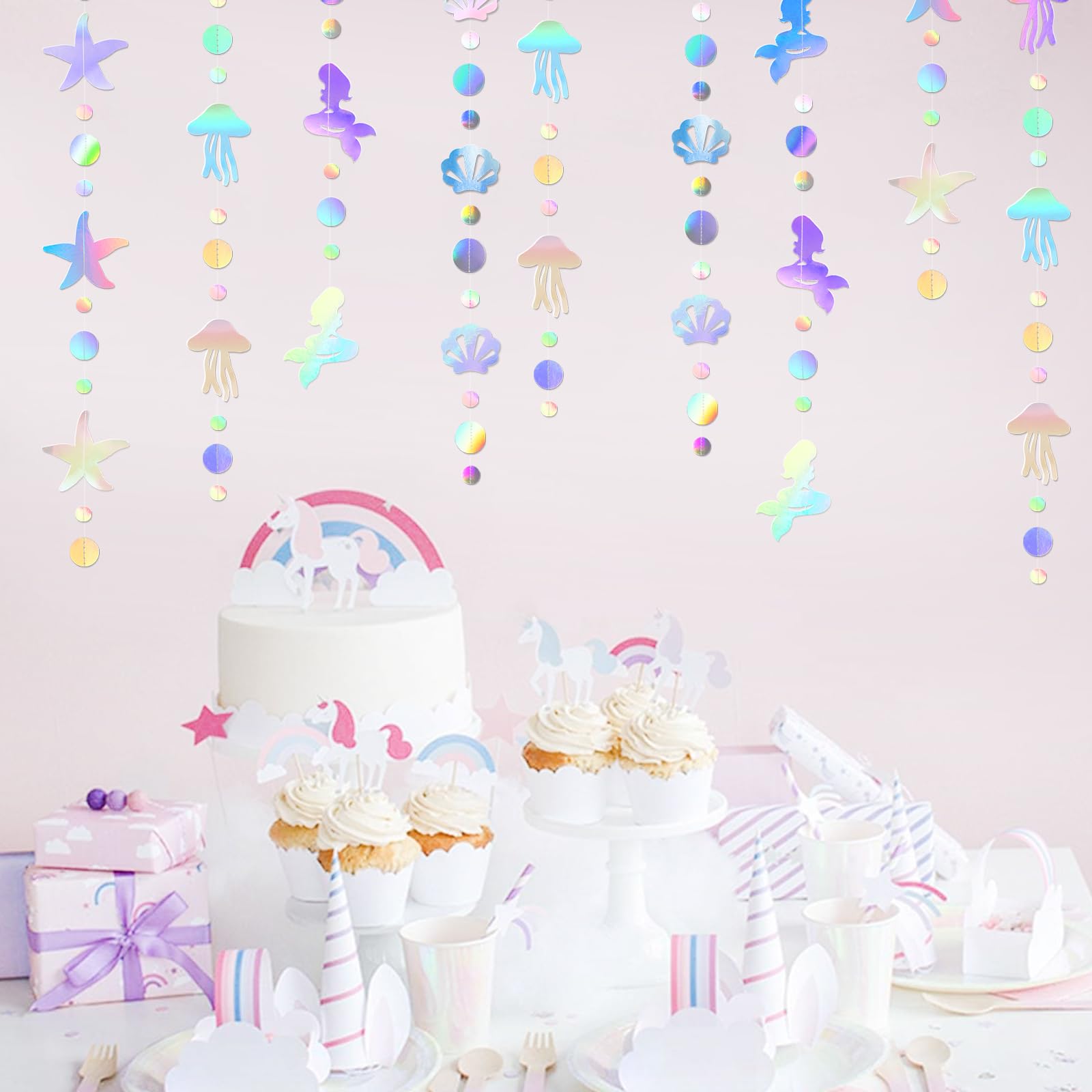 Iridescent Mermaid Birthday Party-Decorations Garland - 40FT Euphoria Under The Sea Jelly Fish Favors,Seashell Starfish Hanging