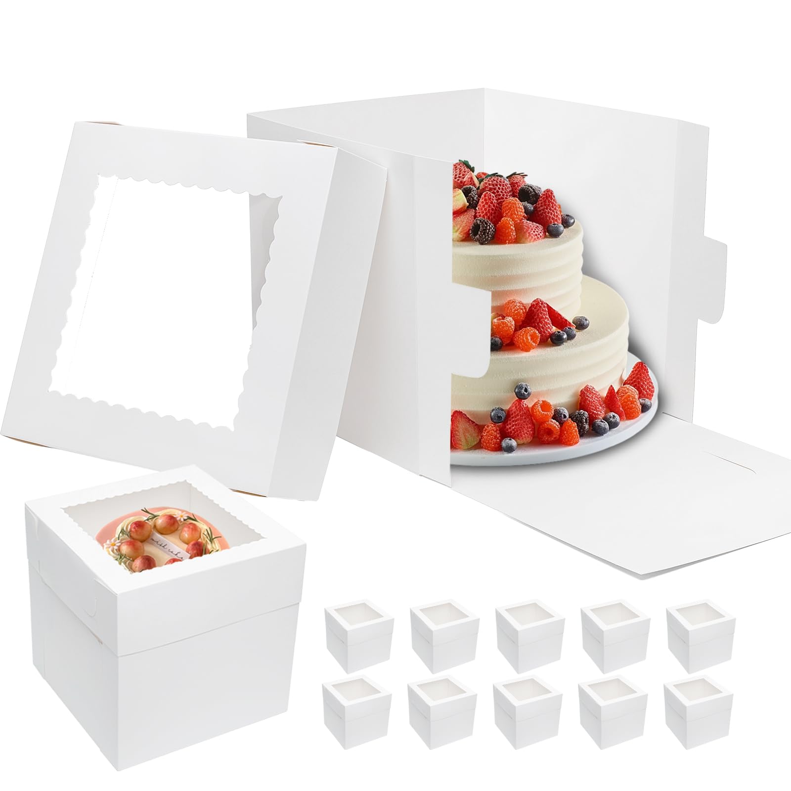 Mcfleet 10pcs Cake Boxes 12 Inch 12x12x12 Tall Cake Boxes with Window for Tier Baking Disposable Bakery Containers with Lids Whi