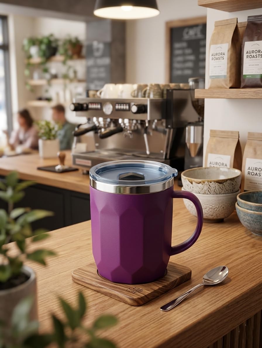 Green Tales Stainless Steel Insulated Coffee Mug with Lid and Handle, SpillProof, Navy Blue, for Office and Travel(400ML) (Purp