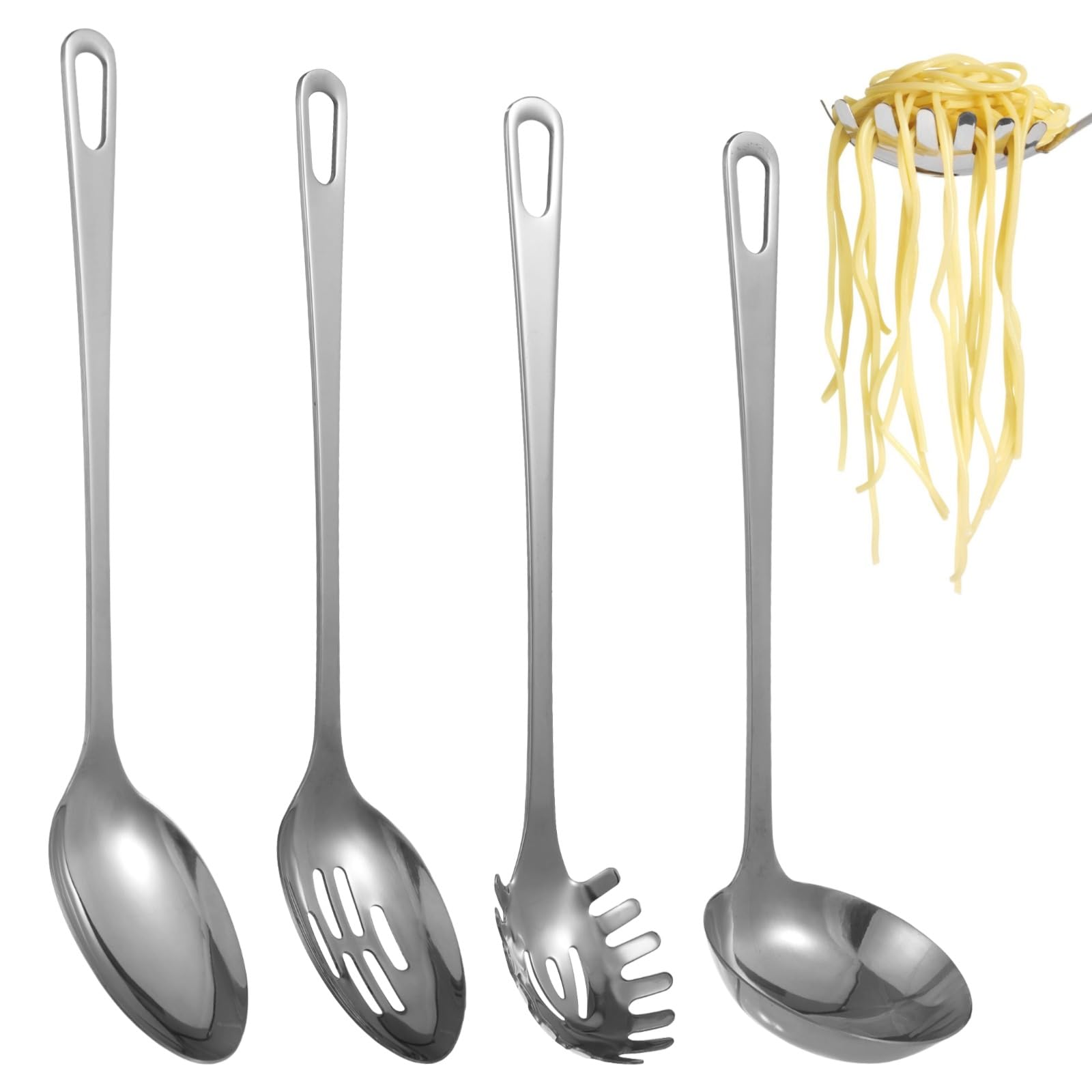 4 Pcs Stainless Steel Cooking Utensils Set, Includes Ladle, Slotted Serving Spoon, Solid Serving Spoon, Pasta Server, 430 Stainl