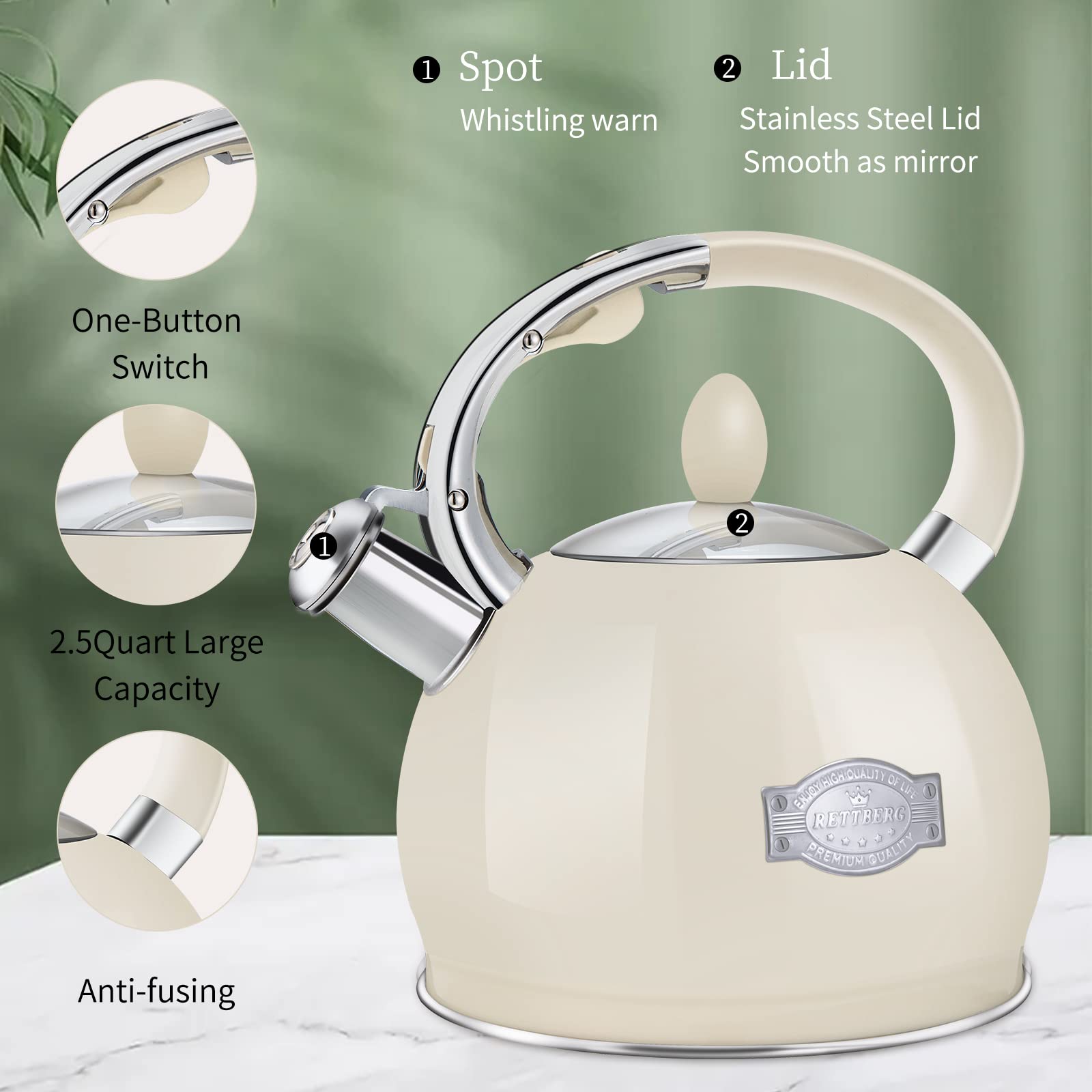 Rettberg Tea Kettle For Stovetop Whistling Tea Kettles Retro Black Stainless Steel Teapots, 2.64 Quart (Cream)