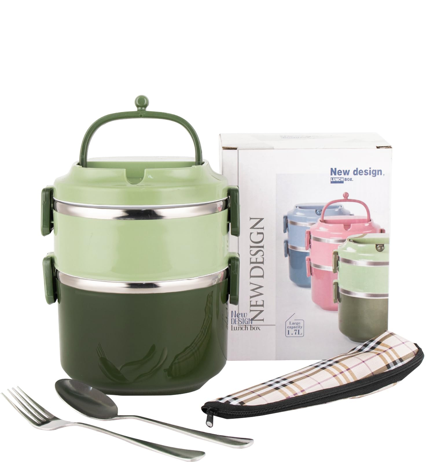 Sanqiahome 2 Tier Stackable Stainless Steel Lunch Box Sealed(Green, 2 Layers)