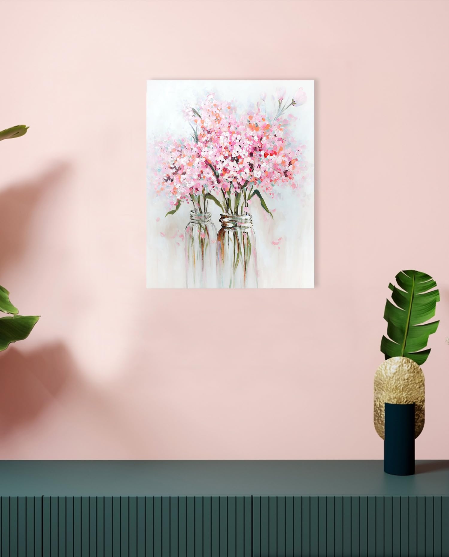 Ypy Pink Flowers Canvas Wall Art: Abstract Bouquet In Vase Artwork Prints For Teen Girl Bedroom Pink Floral Picture Poster Bathr