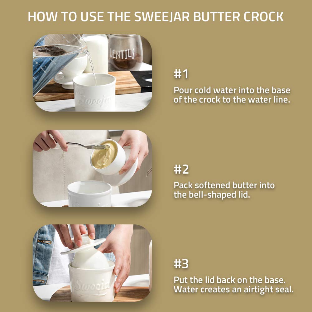 Sweejar Porcelain Butter Crock Keeper, French Butter Dish Keeps The Butter Fresh Soft & Spreadable, Serving Butter Easy For Brea