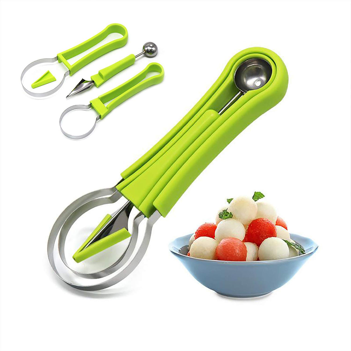 Melon Baller Scoop Set,Watermelon Scooper,4 In 1 Stainless Steel Fruit Carving Tools Set,Watermelon Slicer Ice Cream Baller,Frui