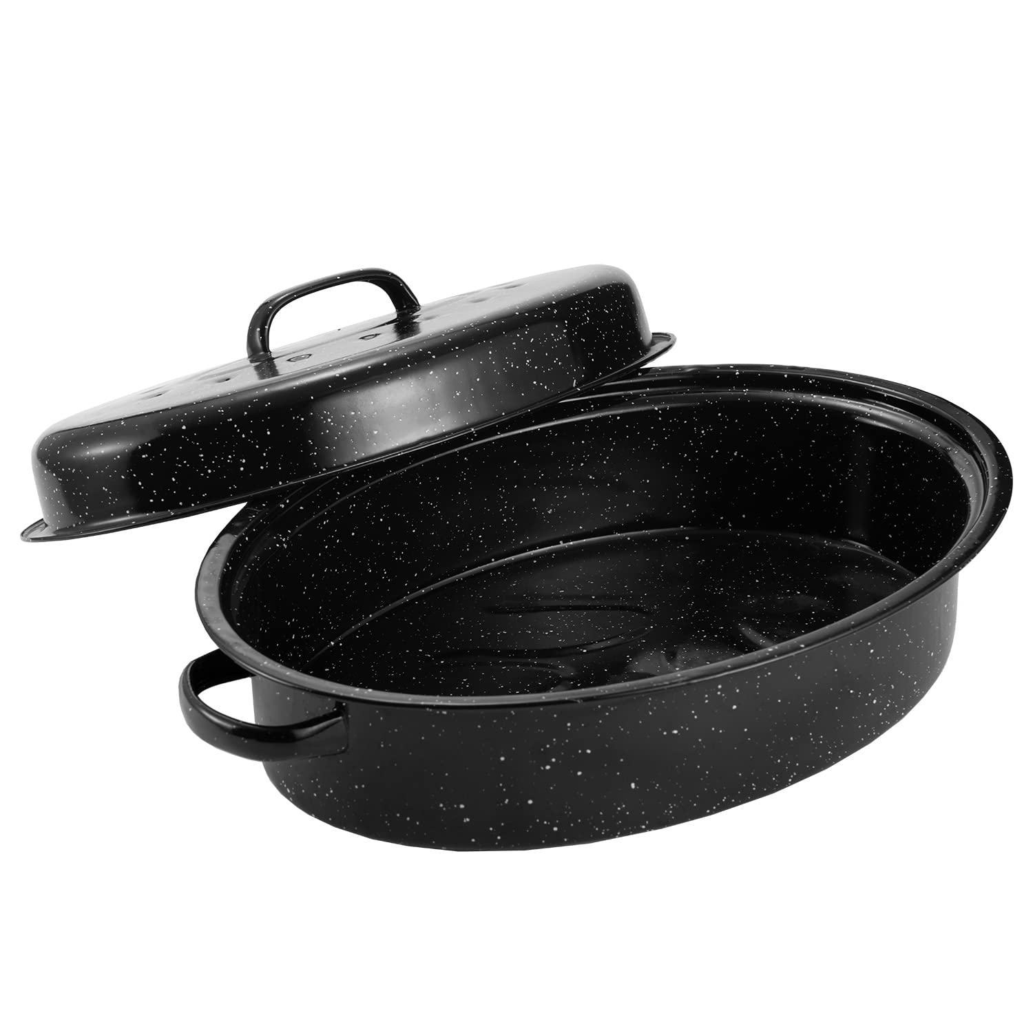 Granite Roasting Pan, Medium 16    Enameled Roasting Pan With Domed Lid. Oval Turkey Roaster Pot, Broiler Pan Great For Small Tu