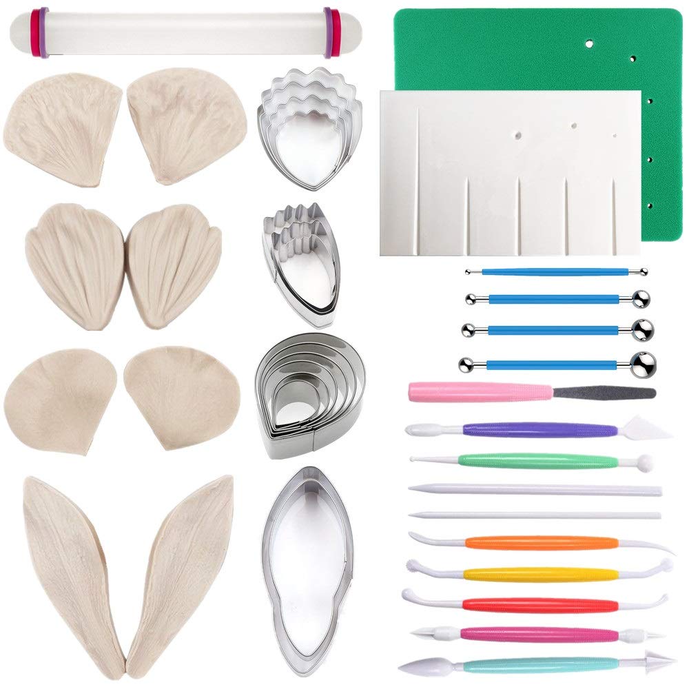 Gum Paste Flowers And Leaves Fondant Tools Kit-4Set Gumpaste Flower Cutter 4Set Fondant Flower Silicone Molds 1 Veining Board 1
