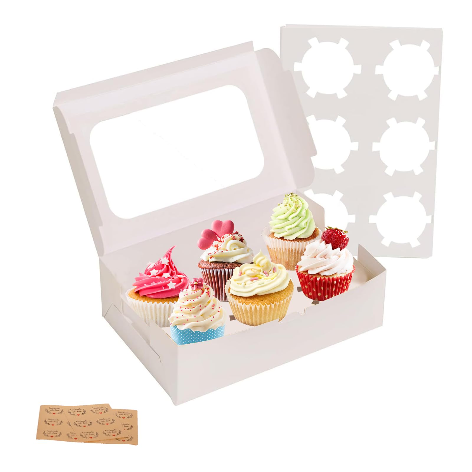 Yeplan 50 Packs Cupcake Boxes,9.4x6.1x3.14 Inches 6 Count Cupcake Box,White Cupcake Containers with Clear Window and Six Treat H