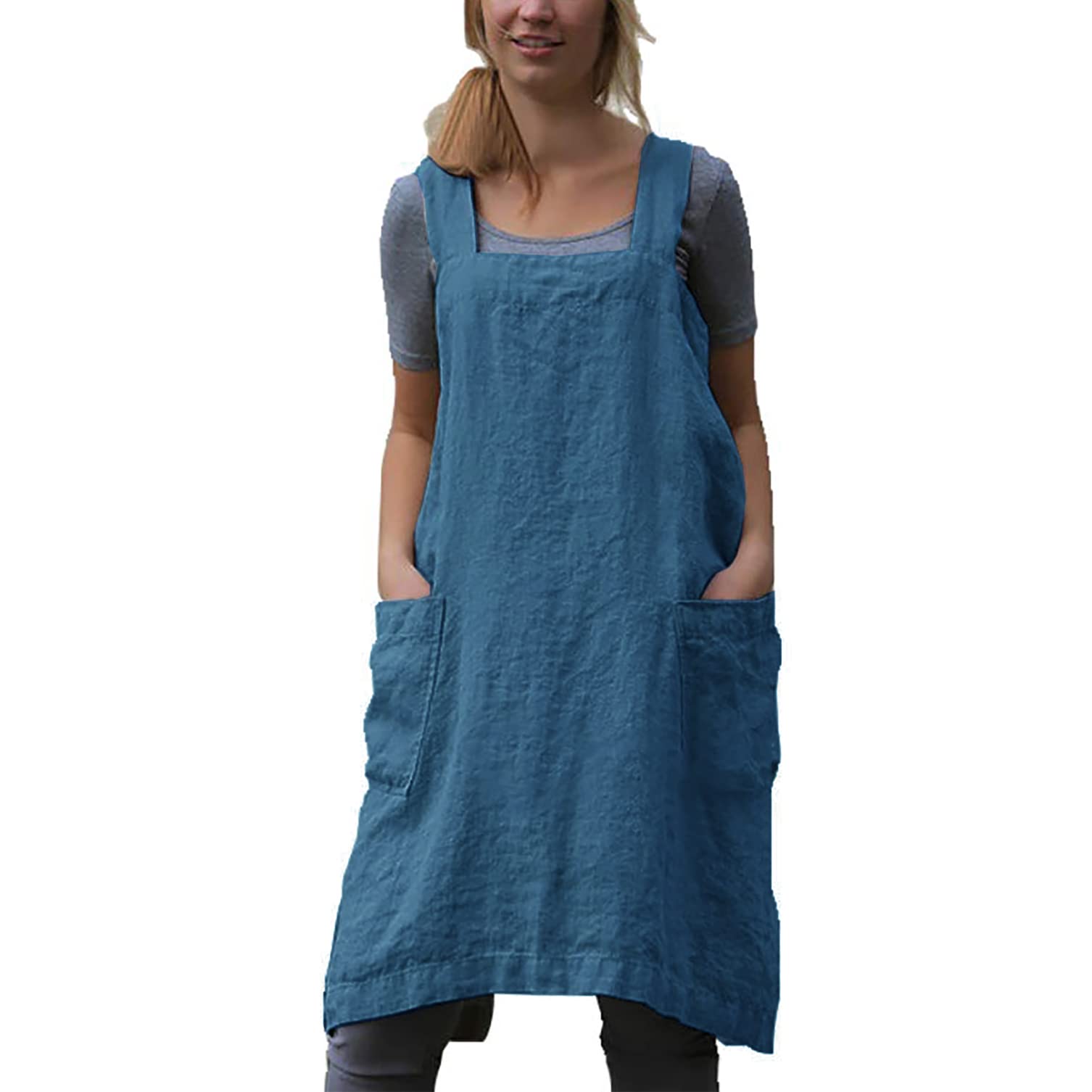 Yesdood Cotton Linen Apron Cross Back Apron For Women With Pockets Pinafore Dress For Baking Cooking