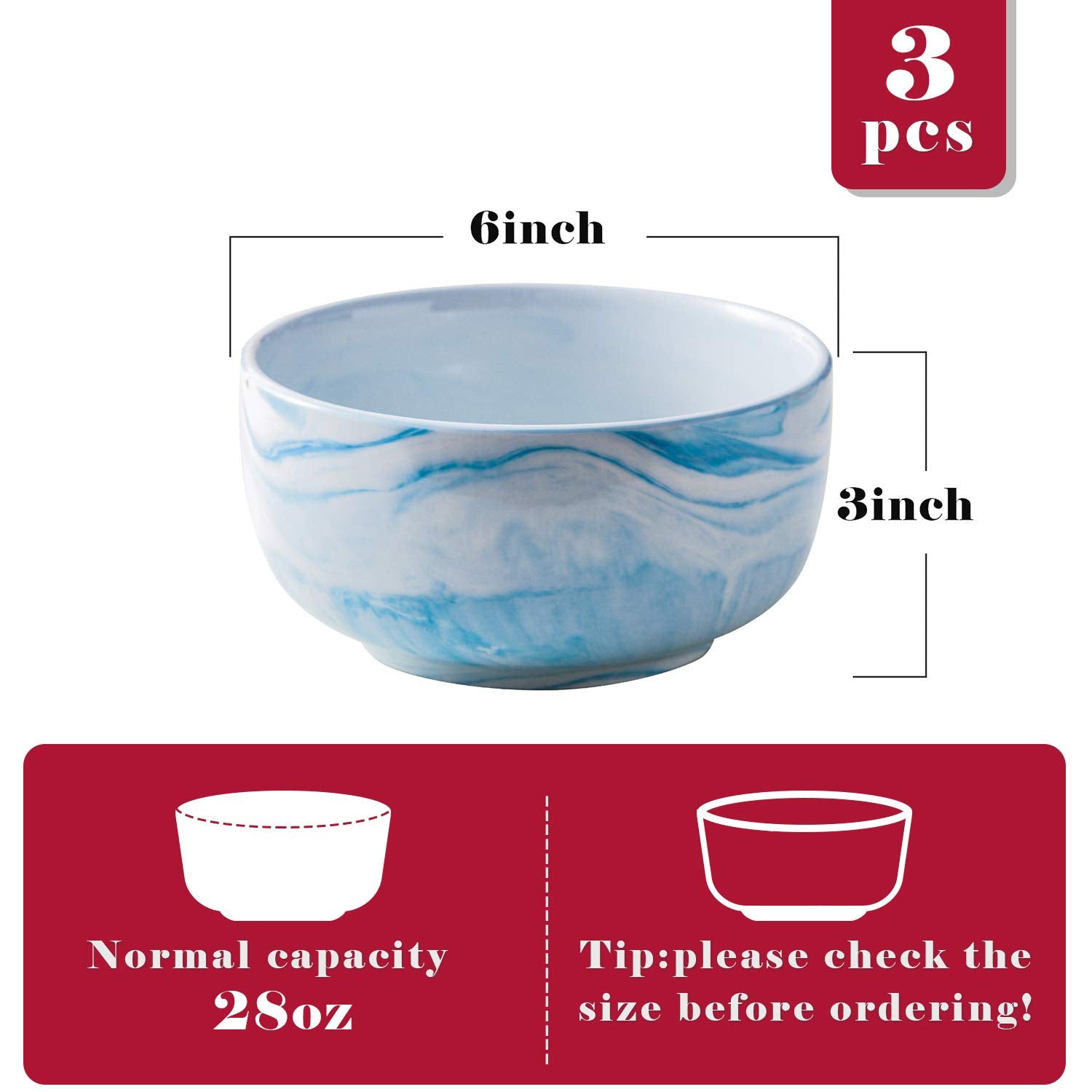 Yundu 28 Ounce Blue Marble Porcelain Bowls Ice Cream, Dessert, Cereal, Pasta Bowls, Microwave And Dishwasher Safe Bowls For Kitc