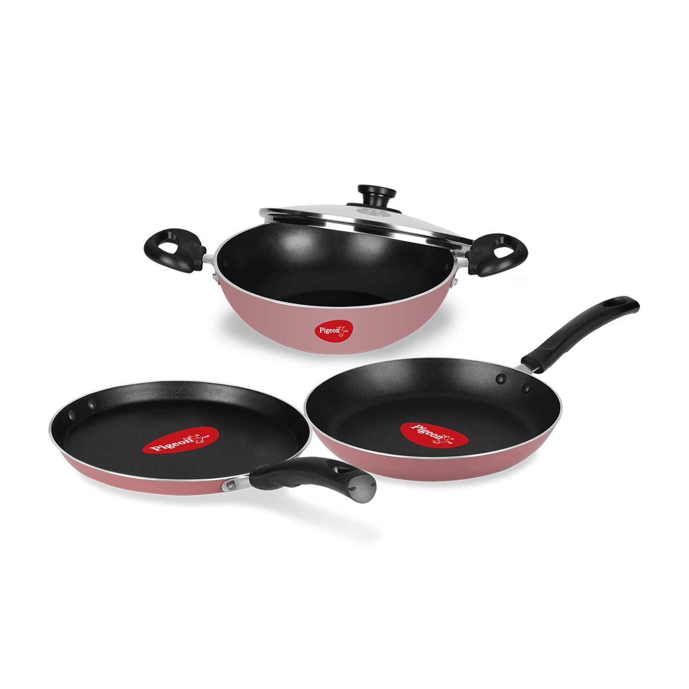 Pigeon Basics Non Stick Aluminium Non Induction Base Cookware Set, Including Dosa Tawa, Nonstick Kadai With Glass Lid, And Nonst