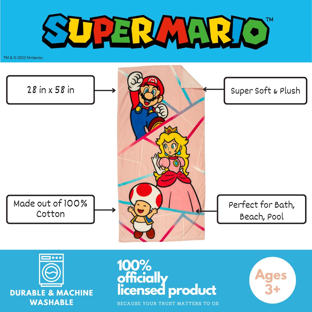 Franco Super Mario Girl Princess Peach Kids Super Soft Cotton Bath/Pool/Beach Towel, 58 In X 28 In, (Officially Licensed Product