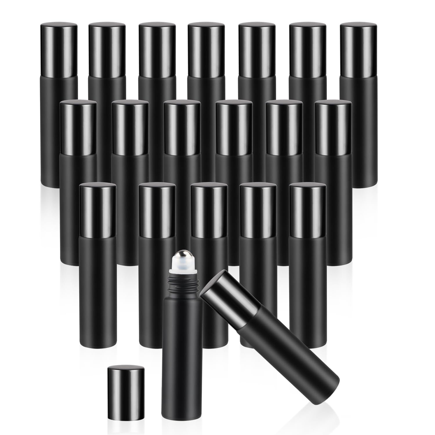 Mirrline 20 Pcs 10ml Roller Bottles Black Frosted Glass Bottle with Stainless Steel Roller Balls & Aluminum Screw Cap for Perfum