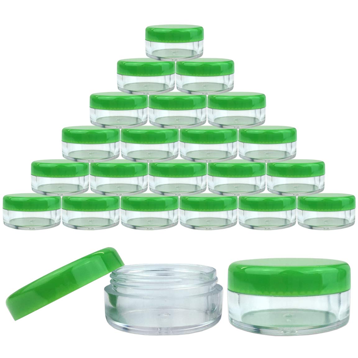 Beauticom (Quantity: 25 Pieces) 5G/5Ml Round Clear Jars With Green Lids For Lotion, Creams, Toners, Lip Balms, Makeup Samples