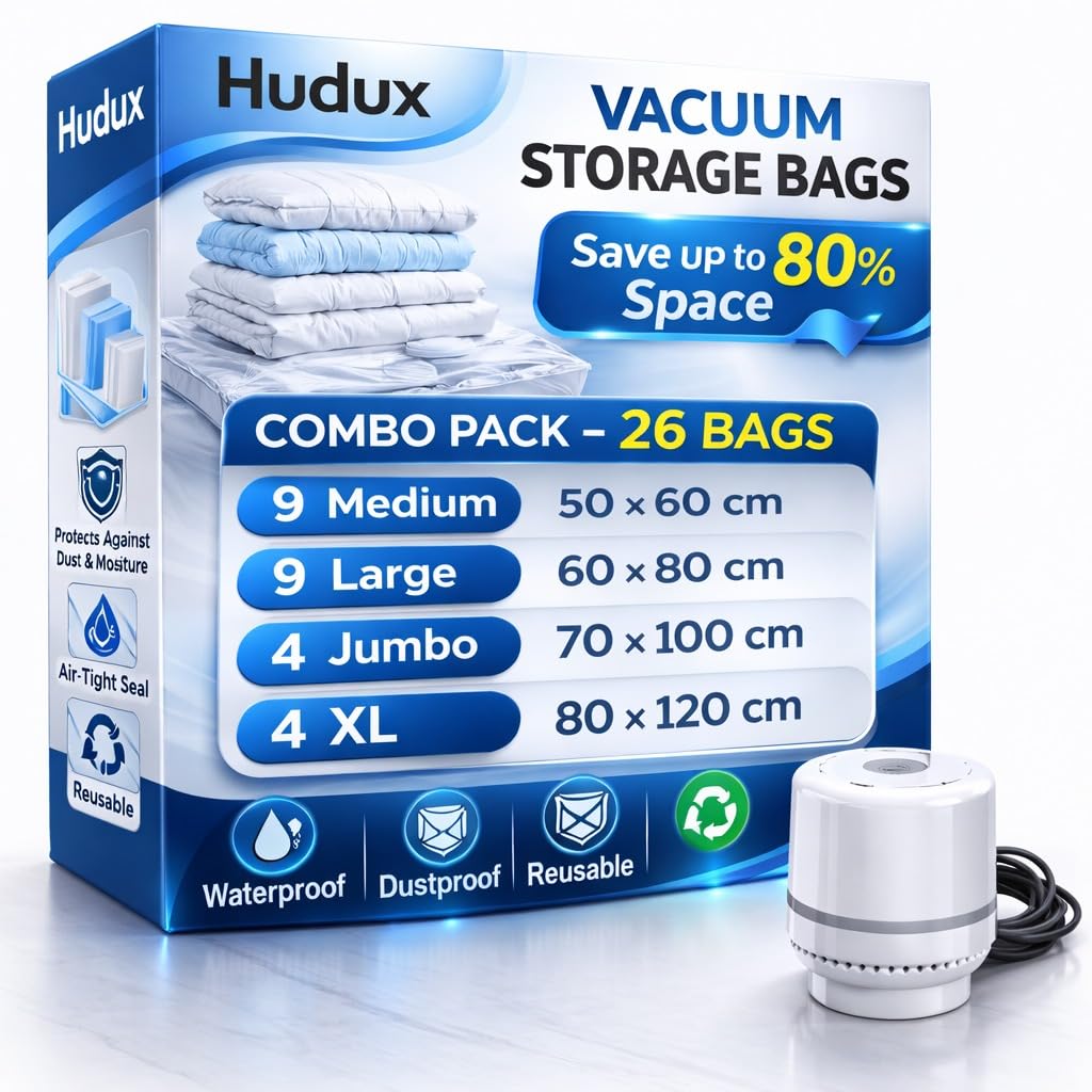 Hudux 26 Pcs Combo (9 M,9 L,4 J,4 Xl) Vacuum Storage Bags With Electric Pump,Polypropylene Space Saver Vacuum Compression Zipper