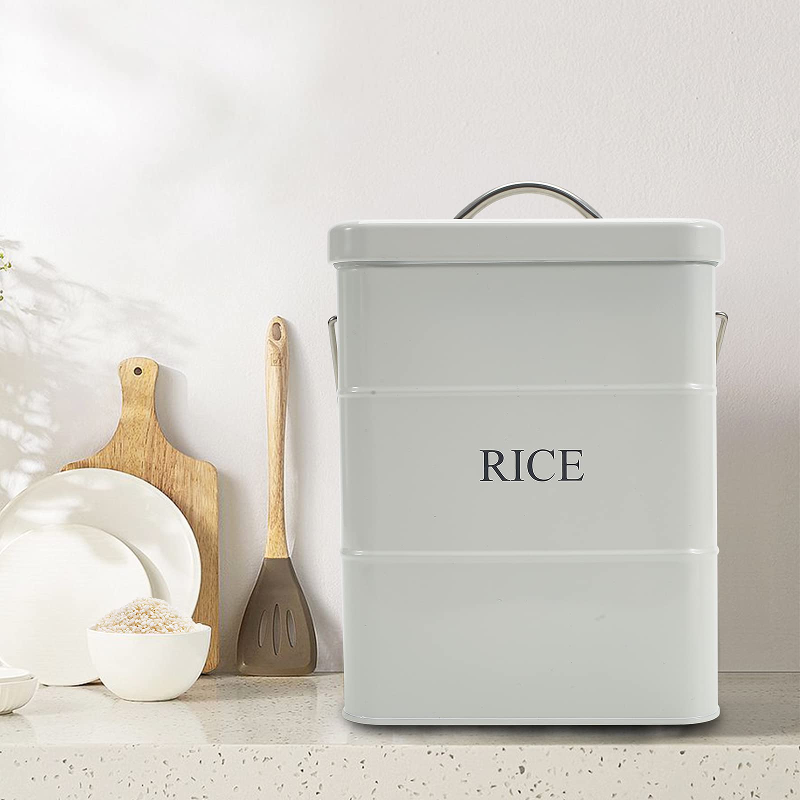 Xbopetda Metal Rice Storage Box  Square Rice Container with Lid and handle  Sealed Food Storage Bin for Kitchen  Countertop Organizer Jar for Rice Flour Soybean Grain Cereal-White