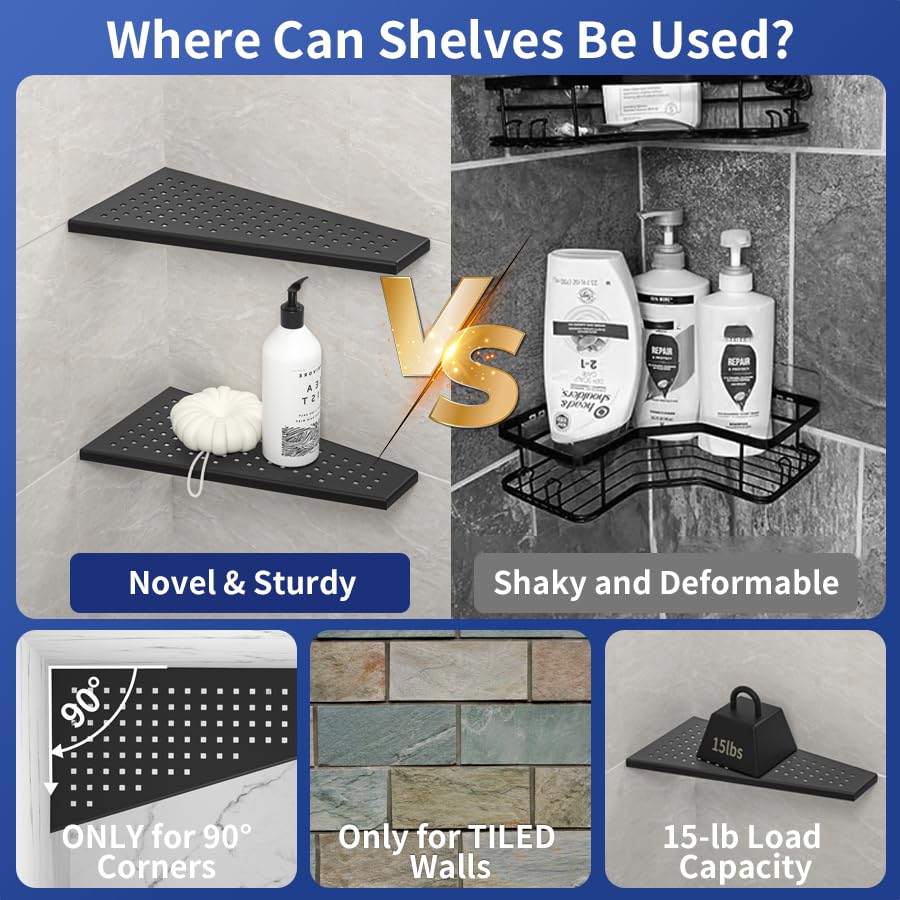 Bernkot Corner Shower Shelf, Matte Black 12'' Trapezoid Floating Shampoo Shelf, 304 Stainless Steel Grid Design Recessed Bathroo