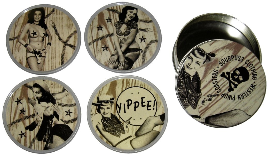 Western Pin-Up Girls Coasters From Sourpuss Clothing (Set Of 4 In Metal Tin)