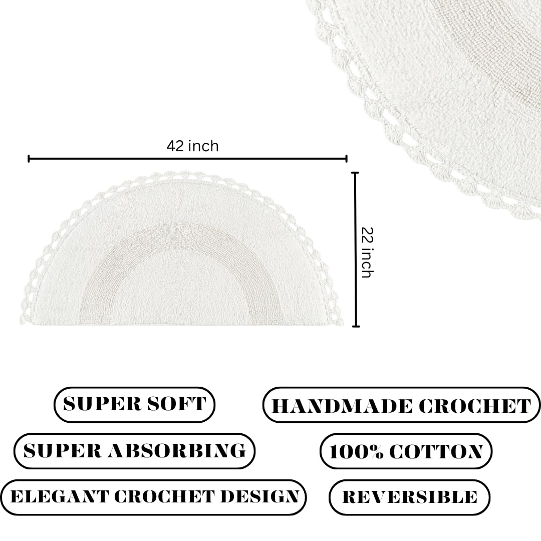 Savi Home Half Circle Bohemian Bathroom Rug With Handwoven Chrochet Border, Beautifully Handcrafted 100% Cotton Mat - 22X42, Rou
